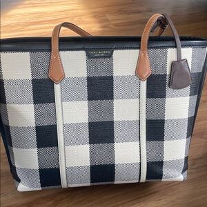 Tory Burch Black and Cream Plaid Tote